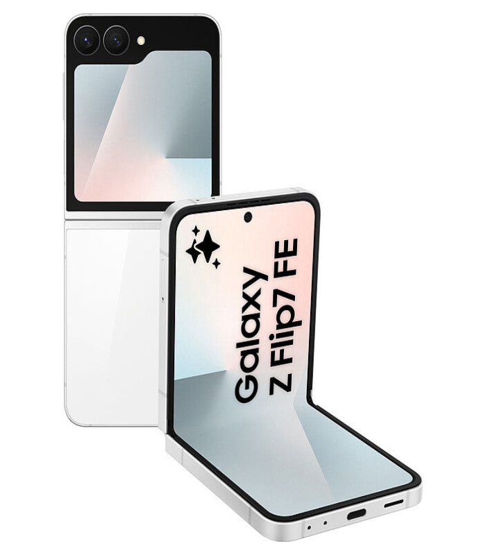 Samsung Galaxy Z Flip7 FE phone with open and closed design on a white background