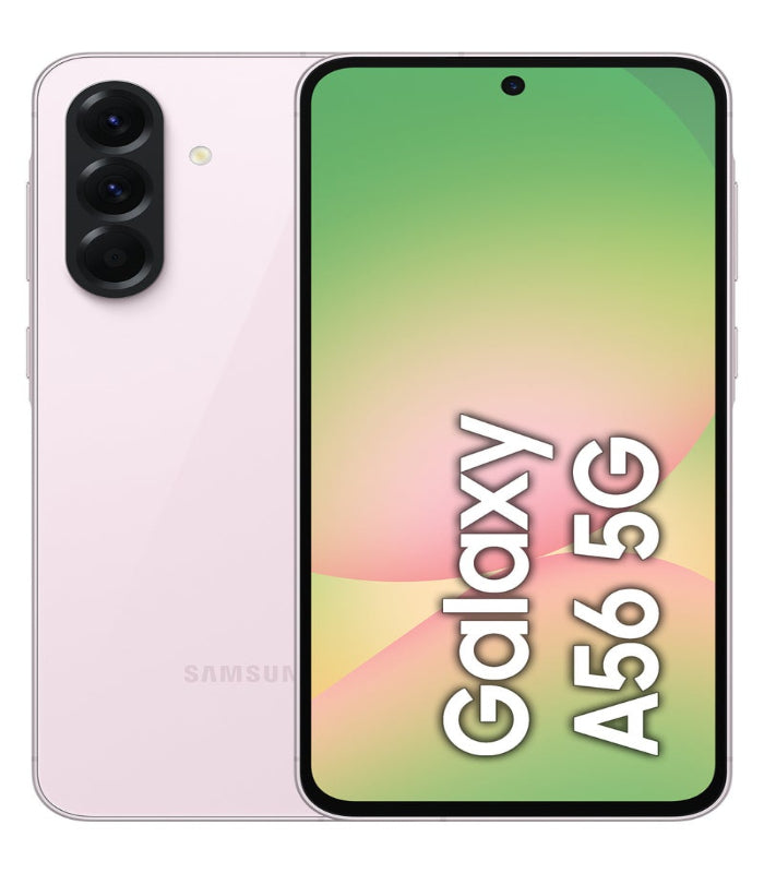 Samsung Galaxy A56 5G smartphone in gray color with a green screen displaying the text 'Galaxy A56 5G'. It shows the front screen display and the rear camera setup.