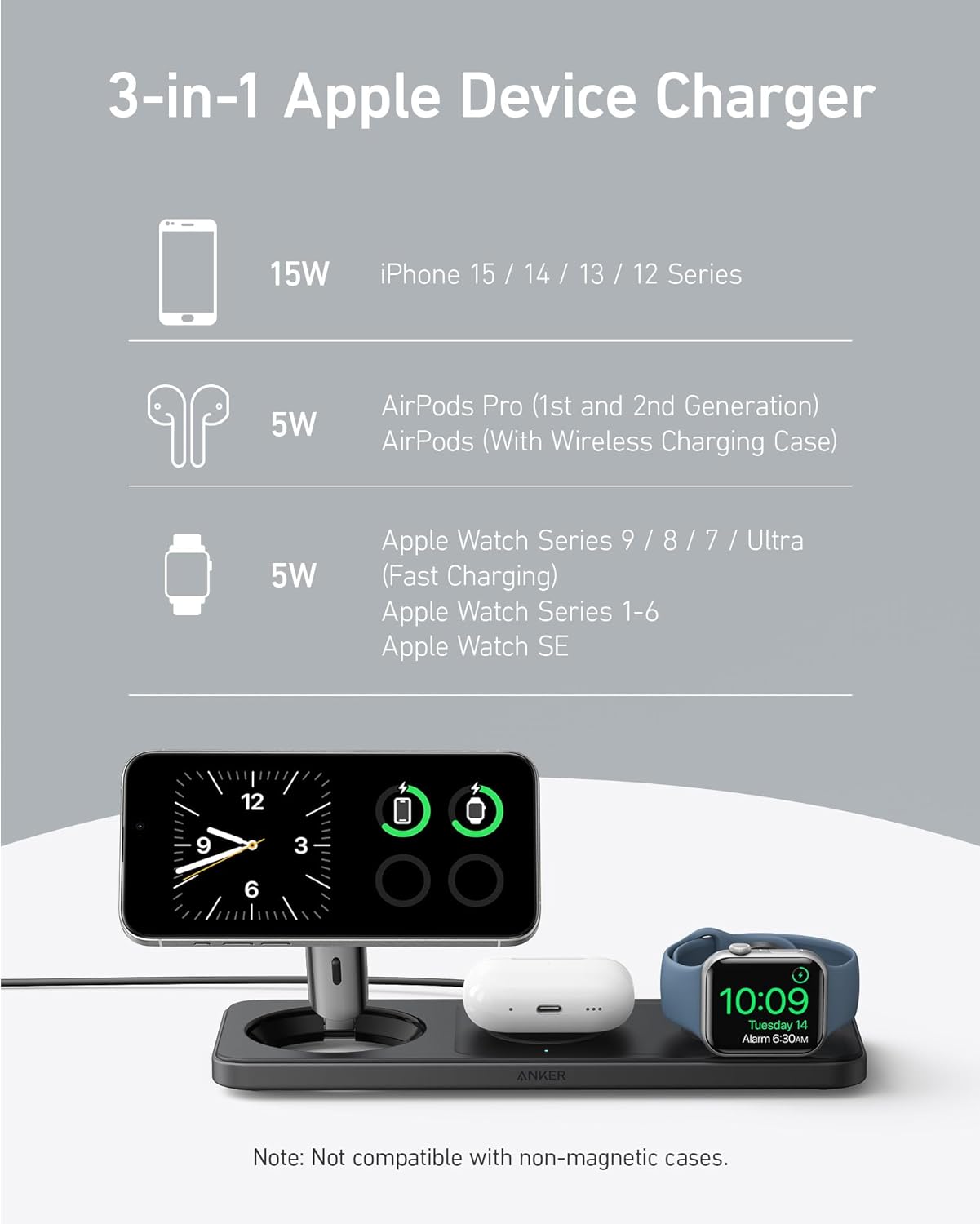 Anker MagGo Wireless Charging Station (15W, 3-in-1 Pad)