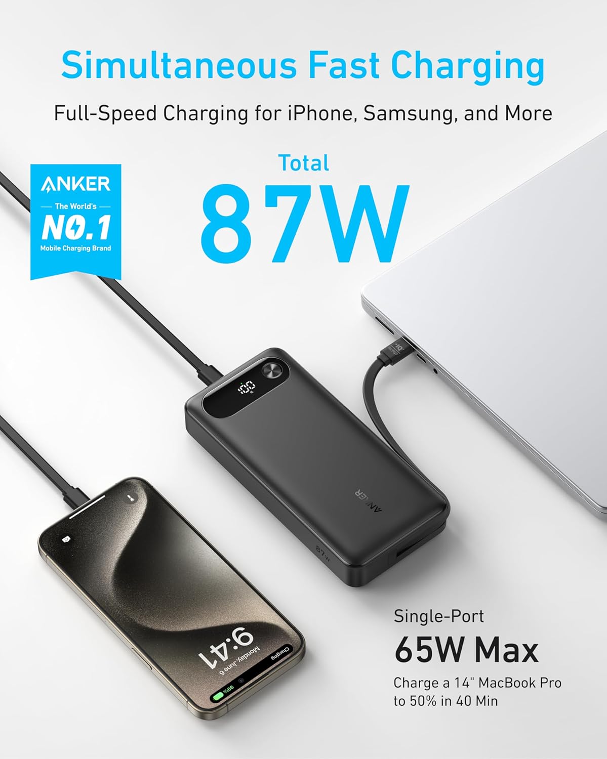 Anker Power Bank (20K, 87W, Built-In USB-C Cable)