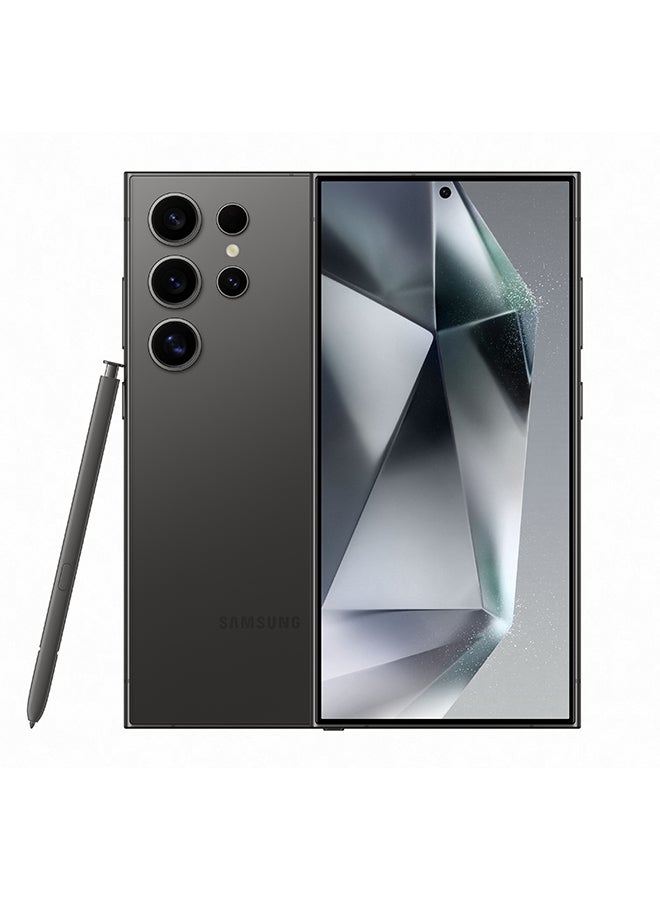 A Galaxy S24 Ultra smartphone in Dual SIM configuration with a black color casing. The image shows the back of the phone with the camera module and the front screen displaying a graphic.