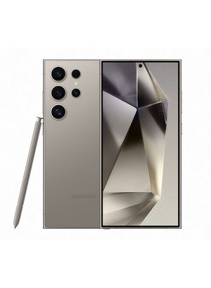A Galaxy S24 Ultra smartphone in Titanium Gray with a dual SIM setup, 12GB RAM, and 512GB storage shown with its display facing forward and a stylus next to it.