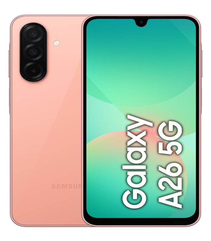 Samsung Galaxy A26 5G smartphone in pink color with a clear display showing the front camera and system navigation icons.