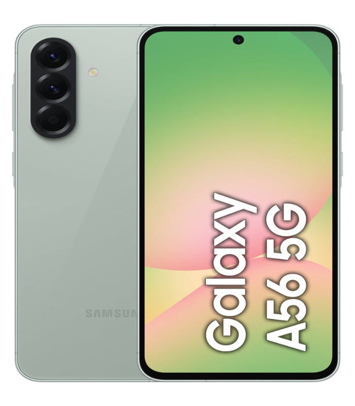 Samsung Galaxy A56 5G smartphone in gray color with a green screen displaying the text 'Galaxy A56 5G'. It shows the front screen display and the rear camera setup.