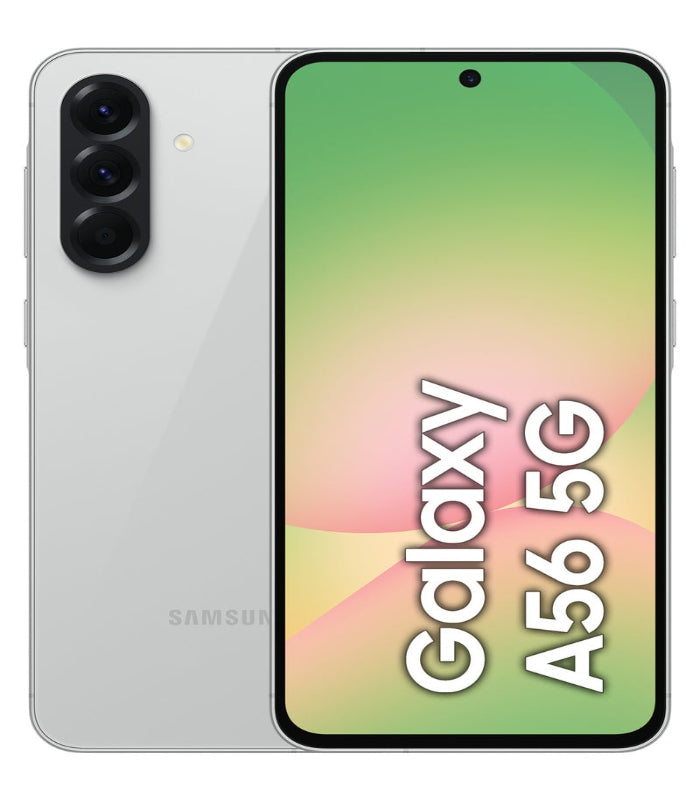 Samsung Galaxy A56 5G smartphone in gray color with a green screen displaying the text 'Galaxy A56 5G'. It shows the front screen display and the rear camera setup.