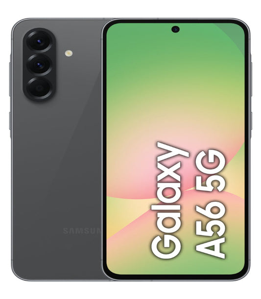Samsung Galaxy A56 5G smartphone in gray color with a green screen displaying the text 'Galaxy A56 5G'. It shows the front screen display and the rear camera setup.